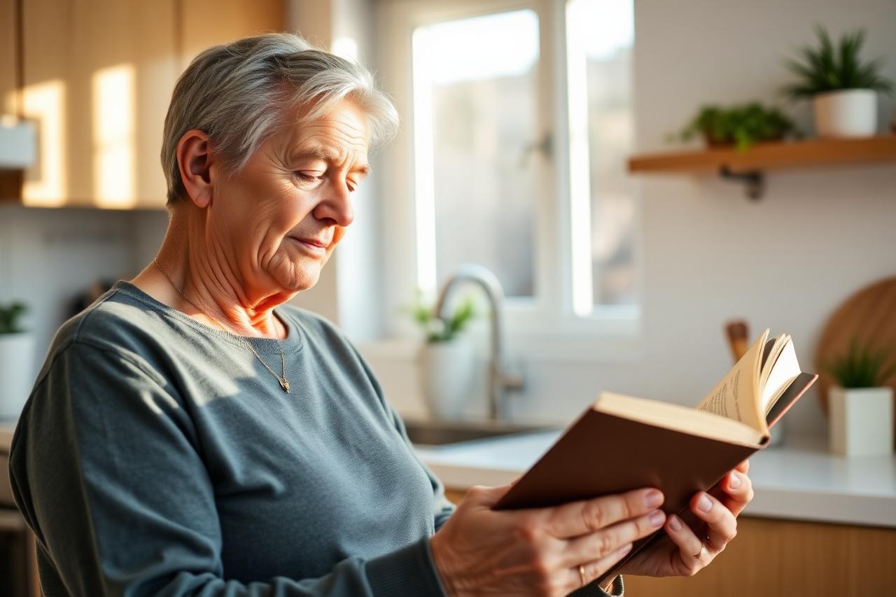 An older adult reading comfortably in a bright kitchen