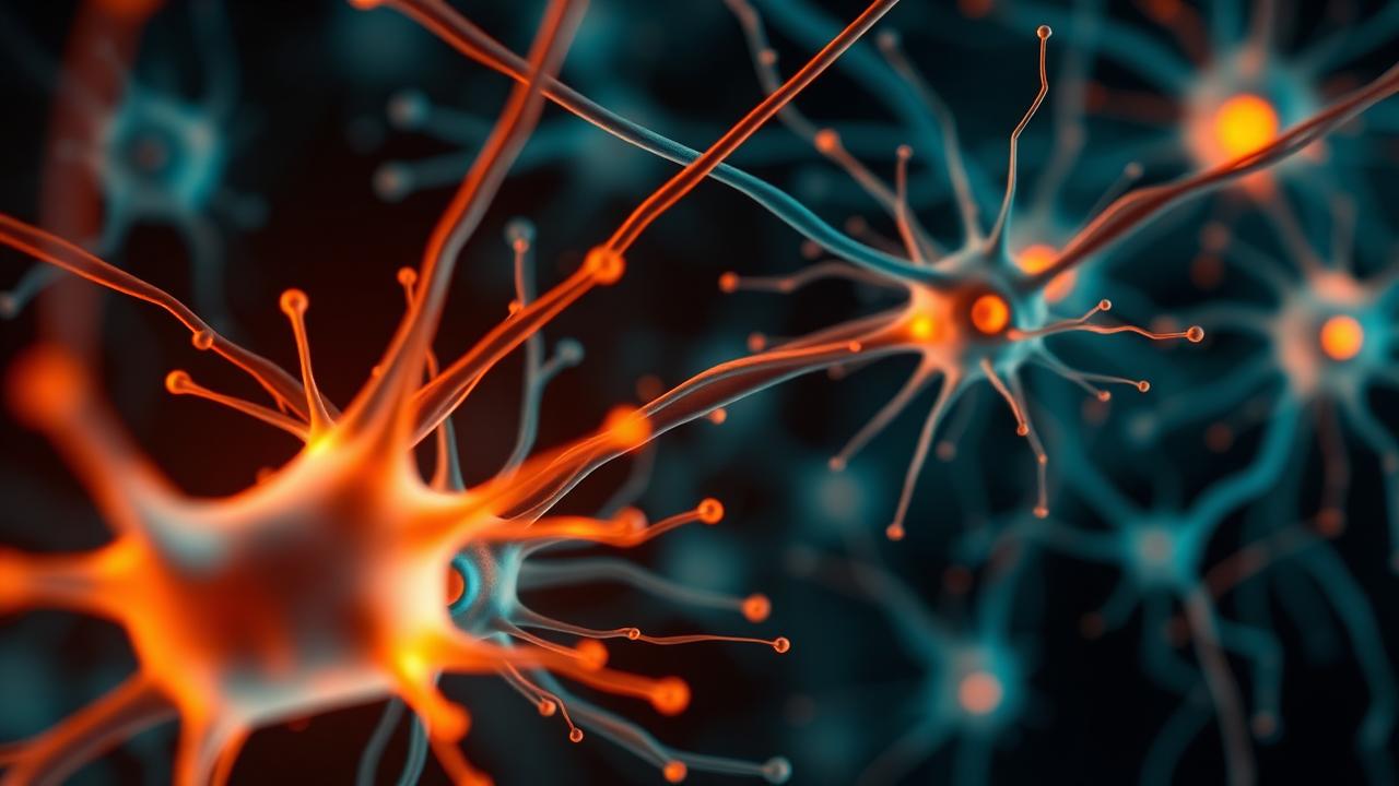Close-up illustration of neurons and synapses signalling